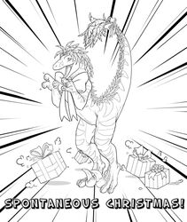  black_and_white caedere christmas conditional_dnp digital_drawing_(artwork) digital_media_(artwork) dinosaur dromaeosaurid english_text extinct feathered_dinosaur feathered_scalie feathers female feral gift hindpaw holidays line_art monochrome nude open_mouth paws prehistoric_species raptie_(caedere) raptor_claws reptile ribbons scalie sefeiren sharp_teeth smile solo surprise tail tail_feathers teeth text theropod velociraptor yiffyraptor 