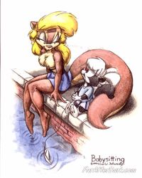  1994 4:5 amy_the_squirrel anthro black_body black_fur blonde_hair bottomwear breasts brown_body brown_fur clothed clothing duo eric_schwartz featureless_breasts female fur furafterdark hair mammal mephitid rodent sabrina_online sciurid simple_background sitting skirt skunk striped_skunk tabitha_(sabrina_online) tail topless tree_squirrel water white_background white_body white_fur white_hair young 