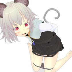  animal_ears arms_behind_back barefoot blush capelet commentary_request dress female gem grey_dress grey_hair grey_panties hand_under_clothes hand_under_dress highres ishikkoro jewelry kneeling long_sleeves mouse_ears mouse_tail nazrin necklace open_mouth panties panty_pull pendant pink_eyes shirt simple_background solo tail touhou underwear white_background 