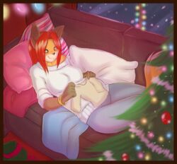  anthro belly big_belly canid canine christmas christmas_tree clothing conditional_dnp felid female fox foxytangerine furniture hair holidays hybrid inside lintu mammal pillow plant pregnant red_hair resting smile snow sofa solo tree window yellow_eyes 