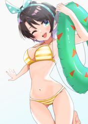  ass_visible_through_thighs bikini black_hair blue_eyes blue_hairband breasts cleavage cowboy_shot female gradient_background hairband highres hololive innertube looking_at_viewer medium_breasts navel one_eye_closed oozora_subaru oozora_subaru_(hololive_summer_2019) polka_dot_hairband print_innertube short_hair smile solo stomach striped_bikini striped_clothes swept_bangs swim_ring swimsuit taachika virtual_youtuber watermelon_innertube yellow_bikini 