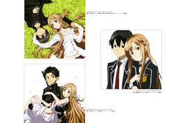  1boy absurdres asuna_(sao) black_hair black_iron_great_sword brown_eyes brown_hair carrying closed_eyes elf female grass highres holding_another&#039;s_arm kirito kirito_(sao-alo) long_hair lying midriff nishiguchi_tomoya official_art on_back phone pointy_ears princess_carry school_uniform sheath sheathed smile spiked_hair sword sword_art_online sword_on_back titania_(sao) very_long_hair weapon weapon_on_back 