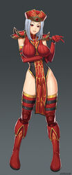  arm_strap armor boots breast_hold breasts breasts_apart buckle elbow_gloves female full_body gem gloves gradient_background grey_background grey_hair grin groin hat highres human_(warcraft) knee_boots large_breasts leotard looking_at_viewer pauldrons photoshop_(medium) pointing priest_(warcraft) red_eyes red_footwear red_gloves red_thighhighs sally_whitemane shoulder_armor smile solo speh standing tabard thigh_strap thighhighs warcraft world_of_warcraft wristband 