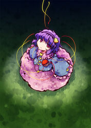  blouse commentary_request female from_above gradient grass heart jitome komeiji_satori looking_up no_nose okome_(kome_kuma) photoshop_(medium) purple_eyes purple_hair shirt short_hair skirt solo spotlight third_eye touhou 