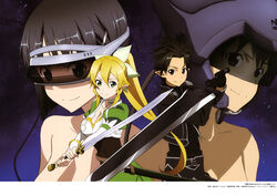  1boy absurdres black_hair black_iron_great_sword blonde_hair breasts cleavage cousins elf female green_eyes hair_between_eyes hair_ornament head-mounted_display highres holding holding_sword holding_weapon katana kirigaya_suguha kirito kirito_(sao-alo) large_breasts leafa long_hair long_sleeves official_art pointy_ears ponytail sheath short_hair spiked_hair sword sword_art_online tinted_eyewear unsheathed very_long_hair watanabe_ruriko weapon 