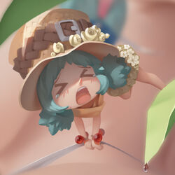  &gt;_&lt; 2girls b.bor blue_hair blurry blush bracelet chinese_commentary closed_eyes commentary_request depth_of_field hat jewelry leaf md5_mismatch multiple_girls one_piece open_mouth photoshop_(medium) strap_pull viola_(one_piece) water wicca 