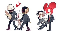  4boys ^^^ ^_^ asymmetrical_hair bad_id bad_pixiv_id bag black_hair bread closed_eyes daft_punk deadmau5 food formal glasses guy-manuel_de_homem-christo heart helmet holding_hands jotman long_hair midriff multiple_boys necktie paper_bag robot scarf skrillex sleeves_past_wrists smile suit the_dj_(daft_punk) thomas_bangalter undercut walking |_| 