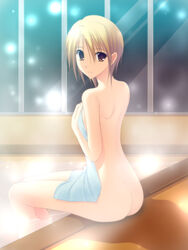  ass bath blonde_hair brown_eyes commentary_request female looking_back nude original photoshop_(medium) short_hair sitting smile solo steam takepon towel water 