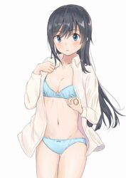  asashio_(kancolle) black_hair blue_bra blue_eyes blue_panties bow bow_bra bow_panties bra commentary_request female highres kantai_collection kei201107 long_hair long_sleeves open_clothes open_shirt panties partially_undressed shirt simple_background solo training_bra underwear white_background white_shirt 