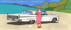  4_toes anthro beach black_nose canid canine clothed clothing countershading delta_dewitt detailed_background diane_foxington digital_media_(artwork) dipstick_tail dreamworks dress eyewear feet female fox fur glasses inner_ear_fluff lincoln_(car_brand) lincoln_continental looking_at_viewer mammal markings orange_body orange_ears orange_fur orange_hands orange_tail pink_clothing pink_dress plant sand sea seaside solo tail tail_markings the_bad_guys toes tuft vehicle water white_car yellow_toes 