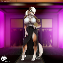  1:1 2017 absurd_res anthro big_breasts biped blue_eyes breasts brown_body brown_fur brown_nose canid canine canis chest_tuft claws cleavage clothed clothing collie curvy_figure dawn_(jeremy_bernal) detailed_background digital_media_(artwork) domestic_dog dress eyelashes female floppy_ears footwear formal fur ghostwolf group hair hand_on_hip herding_dog hi_res high_heels huge_breasts looking_at_viewer mammal multicolored_body multicolored_fur pastoral_dog sheepdog shoes smile solo_focus standing thick_thighs tuft two_tone_body two_tone_fur white_body white_fur white_hair 