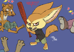  2019 3_toes 4_toes anthro barefoot blue_background borba bottomwear canid canine claws clothed clothing digital_media_(artwork) disney duke_weaselton english_text feet fennec_fox finnick_(zootopia) fox group holding_object holding_weapon male mammal mustelid musteline on_ground shorts signature simple_background text toes true_fox true_musteline watermark weapon weasel zootopia 