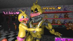  16:9 3d_(artwork) ara_ara chick digital_media_(artwork) duo female female/female five_nights_at_freddy&#039;s five_nights_at_freddy&#039;s_2 five_nights_at_freddy&#039;s_4 heart_symbol hi_res nightmare_chica_(fnaf) scottgames toy_chica_(fnaf) widescreen yuuki_momofox_(artist) 