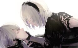  1boy black_choker black_gloves choker closed_eyes daenarys female gloves hairband holding_another&#039;s_head mole mole_under_mouth nier_(series) nier_automata parted_lips pink_lips short_hair simple_background white_background white_hair yorha_no._2_type_b yorha_no._9_type_s 