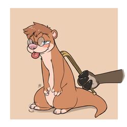  1:1 2021 absurd_res backscratcher blush border brown_body brown_fur disembodied_hand duo eyewear feral fingers fur glasses hi_res holding_object hooved_fingers hooves louart mammal mustelid otter semi-anthro signature tail tongue tongue_out white_border 