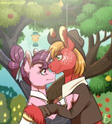  2019 big_macintosh_(mlp) canon_couple clothing dress duo earth_pony equid equine female friendship_is_magic fur green_eyes hasbro hat headgear headwear horn horse husband_and_wife inuhoshi-to-darkpen kissing lamp lantern male mammal married_couple my_little_pony mythological_creature mythological_equine mythology nose_kiss plant pony red_body red_fur romantic romantic_ambiance romantic_couple sugar_belle_(mlp) suit tree unicorn wedding_dress 