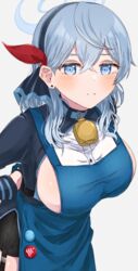  absurdres ako_(blue_archive) annzuwann apron bell blue_archive blue_eyes blue_hair blush breasts closed_mouth collar cowbell earrings female garter_straps grey_background hair_between_eyes hairband halo highres jewelry large_breasts long_hair long_sleeves looking_at_viewer neck_bell sideboob sideless_outfit sideless_shirt simple_background solo 