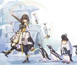  animal arknights bird bird_mask black_coat black_hair clothed_animal coat commentary_request drone emperor_(arknights) female gold_necklace green_sweater highres ice_skates igloo jewelry kazana_(sakuto) long_sleeves magallan_(arknights) magallan_(elite_ii)_(arknights) mask mask_around_neck multicolored_hair necklace penguin rhine_lab_logo ribbed_sweater short_hair skates snow snow_shelter streaked_hair sunglasses sweater turtleneck turtleneck_sweater two-tone_hair whistle white_hair yellow_eyes 