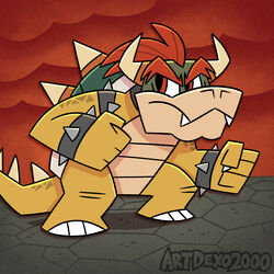  1:1 2_horns absurd_res anthro artdexo2000 bowser clothing hair hi_res horn koopa male mario_bros nintendo outline red_hair reptile scales scalie shell solo spiked_shell spikes spikes_(anatomy) toony yellow_body yellow_scales 