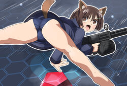  animal_ears ass blue_one-piece_swimsuit blush bouncing_ass brave_witches brown_eyes brown_hair female gun hair_ornament hairclip hosoinogarou karibuchi_hikari looking_at_viewer looking_back military military_uniform neuroi one-piece_swimsuit open_mouth rifle shiny_skin short_hair solo spread_legs squirrel_ears squirrel_girl squirrel_tail swimsuit tail uniform weapon world_witches_series 