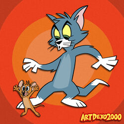  1:1 4_fingers absurd_res anthro artdexo2000 biped black_nose cartoon_network domestic_cat domestic_pet drop_shadow duo felid feline felis fingers green_eyes hi_res jerry_mouse male mammal metro-goldwyn-mayer mouse murid murine open_mouth outline rodent thomas_cat tom_and_jerry toony whiskers 