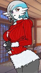  2022 3_fingers 9:16 arm_under_breasts big_breasts blue_hair blush breasts christmas christmas_clothing christmas_sweater christmas_topwear clothing female fingerless_gloves fingers gardevoir generation_3_pokemon gloves hair handwear heterochromia hi_res holidays hoodie humanoid looking_down low-angle_view multicolored_hair nintendo not_furry orange_eyes photo_background photography_(artwork) pokemon pokemon_(species) purple_eyes scoff shiny_pokemon short_hair silver_hair solo sweater theloriscrak topwear two_tone_hair 