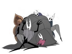  4:3 arthropod bodily_fluids broken_vessel_(hollow_knight) cape clothing female female/female godseeker_(hollow_knight) group hollow_knight hollow_knight_(character) hornet_(hollow_knight) hug insects larger_female long_legs male male/female omnia-volo overweight overweight_female size_difference smaller_male sweat team_cherry the_knight_(hollow_knight) 