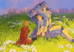  2boys :d ^_^ ahoge alphonse_elric amputee arm_at_side arm_support armor black_pants blonde_hair blue_sky braid broken brothers clenched_teeth closed_eyes coat collared_shirt commentary_request daisy edward_elric facing_away facing_viewer field fingernails flamel_symbol flower flower_field full_armor fullmetal_alchemist gradient_sky grass grey_sweater hand_on_own_knee happy highres hood hood_down hooded_coat male_focus messy_hair multiple_boys open_mouth outdoors pants parted_lips pink_sky plant purple_sky red_coat red_sky seiza shirt shorts siblings sitting sky smile sun sunlight sunset sweater teeth time_paradox white_flower wide_shot ye_(ran_chiiipye) 