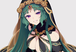  7dango7 arabian_clothes braid breasts cleavage fate/grand_order fate_(series) female green_hair harem_outfit head_chain headpiece highres jewelry large_breasts looking_at_viewer low_twin_braids mole mole_on_breast parted_bangs purple_eyes salome_(fate) short_hair_with_long_locks smile solo twin_braids upper_body veil 