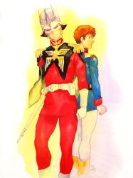  2boys absurdres amuro_ray blonde_hair brown_hair char_aznable gundam helmet highres male mask military military_uniform mobile_suit_gundam multiple_boys uniform yasuhiko_yoshikazu 