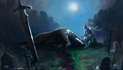  1boy armor artorias_the_abysswalker blood cape commentary_request dark_souls_(series) dark_souls_i david_semsei full_armor full_moon gauntlets graveyard great_grey_wolf_sif helmet huge_weapon knight male_focus moon night night_sky on_one_knee photoshop_(medium) planted planted_sword plume sky sword tombstone weapon wolf 