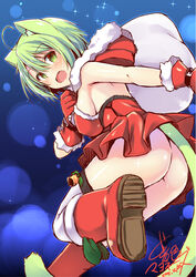  animal_ears ass cat_ears cat_tail christmas commentary_request dodome-iro_mayonnaise female gloves green_eyes green_hair original red_gloves santa_costume sharon_(dodomayo) solo tail thighhighs 