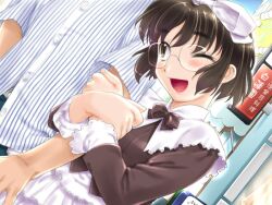  brown_hair cg eroge hair_ribbon kiriyama_taichi maid megane sexfriendb tagme 