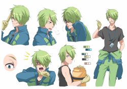  1boy animification bad_id bad_pixiv_id black_shirt color_guide gloves green_hair green_jumpsuit hair_over_one_eye humanization jumpsuit male_focus mike_wazowski monsters_inc. multiple_views name_tag open_mouth reference_sheet runosuke sharp_teeth shirt simple_background smile t-shirt teeth white_background 