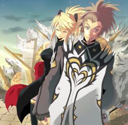  1boy beard black_legwear blonde_hair blue_eyes brown_facial_hair brown_hair closed_eyes coat commentary_request couple facial_hair female high_ponytail highres legretta_(tales) mt.ichi ponytail ruins sidelocks sky smile star_(sky) straight tales_of_(series) tales_of_the_abyss thighhighs van_grants 