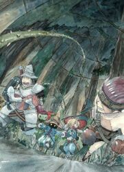  4boys adelbert_steiner armor black_hair black_mage_(final_fantasy) blank_(ff9) blonde_hair commentary_request deboo female final_fantasy final_fantasy_ix forest garnet_til_alexandros_xvii helmet long_hair multiple_boys nature open_mouth painting_(medium) plant red_hair running traditional_media vines vivi_ornitier watercolor_(medium) zidane_tribal 