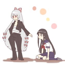  2girls alternate_costume annoyed atsukiruto bad_id bad_pixiv_id banchou bandages contemporary delinquent fujiwara_no_mokou hand_in_pocket houraisan_kaguya long_hair multiple_girls no_nose outstretched_hand pants photoshop_(medium) sarashi school_uniform serafuku sitting standing tears touhou very_long_hair 