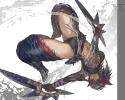  aoin arched_back armor backflip bandages blue_hair boots breasts commentary_request dual_wielding female fishnets gloves headband holding medium_breasts monster_hunter_(character) monster_hunter_(series) monster_hunter_portable_3rd nargacuga_(armor) photoshop_(medium) red_eyes solo somersault sword underboob upside-down weapon 