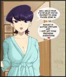  age_difference bathrobe black_hair komi-san_wa_komyushou_desu komi_shuuko looking_at_viewer luichi88 milf purple_eyes short_hair text 