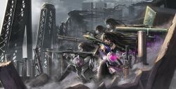  4girls akemi_homura akemi_homura_(magical_girl) ammunition_box antenna_hair anti-materiel_rifle assault_rifle backlighting barrett_m82 black_hair building bullet bullpup crate dust glowing glowing_eyes gun hair_ornament hairband haze light_rays long_hair machine_gun magical_girl mahou_shoujo_madoka_magica mahou_shoujo_madoka_magica_(anime) military mortar_(weapon) motion_blur multiple_girls multiple_persona on_one_knee photoshop_(medium) purple_eyes qbz-95 rifle rocket_launcher rpg-7 rpg_(weapon) ruins saber_01 scope shield sniper_rifle sunbeam sunlight time_stop weapon 