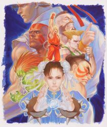  1990s_(style) 6+boys blanka bracelet chun-li dhalsim dougi earrings edmond_honda electricity energy_ball everyone facepaint female guile headband highres jewelry ken_masters kikouken multiple_boys official_art promotional_art realistic retro_artstyle ryu_(street_fighter) shouryuuken spiked_bracelet spikes street_fighter street_fighter_ii_(series) tattoo uppercut zangief 