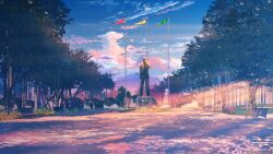  arsenixc commentary english_commentary everlasting_summer flag game_cg ikari_gendou neon_genesis_evangelion no_humans outdoors scenery statue sunlight tree tree_shade 