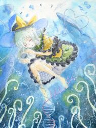  barefoot bloomers closed_eyes commentary_request coral dna double_helix female hat heart komeiji_koishi mononofu7 ocean painting_(medium) sleeping solo third_eye touhou traditional_media underwater underwear watercolor_(medium) whale 