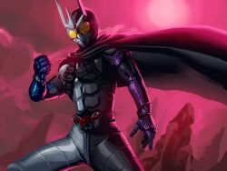  1boy alternate_universe belt cape commentary_request double_driver fusion gaia_memory kamen_rider kamen_rider_eternal kamen_rider_joker kamen_rider_w male_focus obui photoshop_(medium) solo thumbs_down 