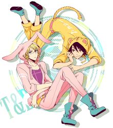  2boys animal_costume animal_ears animal_print bad_id bad_pixiv_id barnaby_brooks_jr. belt blonde_hair blue_eyes blue_footwear boots brown_eyes brown_hair facial_hair glasses goatee kaburagi_t._kotetsu male_focus multiple_boys rabbit_costume rabbit_ears rabbit_tail shivue tail tiger_&amp;_bunny tiger_costume tiger_ears tiger_print tiger_tail 