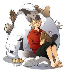  1boy animal arctic_fox axis_powers_hetalia barefoot bear beaver beluga_whale bird blonde_hair blue_eyes canada_(hetalia) canadian_flag commentary_request feet glasses goose lynx male_focus md5_mismatch moose photoshop_(medium) polar_bear seal_(animal) sherry_lai signature solo squirrel 