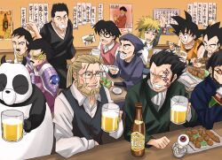  6+boys alcohol baran beard beer black_hair bleach blonde_hair chopsticks commentary_request crossover dragon_ball dragon_ball_z dragon_quest dragon_quest_dai_no_daibouken facial_hair food fullmetal_alchemist gegege_no_kitarou gintama glasses ikari_gendou ksfactory kurosaki_isshin kusakabe_tatsuo male_focus medama_oyaji monkey_d._dragon moustache multiple_boys multiple_crossover namikaze_minato naruto naruto_(series) neon_genesis_evangelion no_eyebrows one_piece painttool_sai_(medium) panda ponytail rakudai_ninja_rantarou ranma_1/2 saotome_genma_(panda) son_goku tonari_no_totoro translation_request umibouzu_(gintama) van_hohenheim vegeta yamada_denzou 