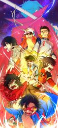  1970s_(style) 1980s_(style) 6+boys absurdres akagi_shunsuke bad_id bad_pixiv_id black_hair blue_hair brown_hair chikyuu_boei_kigyou_dai-guard choujuu_kishin_dancouga dancouga dancouga_(series) everyone fire fujiwara_shinobu getter_robo goggles helmet highres kabuto_kouji kamina_(ttgl) male_focus manly mansu mazinger_(series) mazinger_z multiple_boys muteki_robo_trider_g7 myojin_takeru nagare_ryoma photoshop_(medium) projected_inset retro_artstyle rokushin_gattai_godmars simon_(ttgl) sky star_(sky) starry_sky super_robot_wars super_robot_wars_z super_robot_wars_z1 takeo_watta tengen_toppa_gurren_lagann 