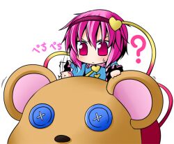  ? blush chibi commentary_request female hairband hitting ichimi komeiji_satori large_teddy_bear mini_person minigirl photoshop_(medium) pink_eyes pink_hair shirt short_hair solo stuffed_animal stuffed_toy teddy_bear third_eye touhou translated 