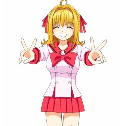  bad_id bad_pixiv_id blonde_hair closed_eyes double_v female grin hair_intakes mermaid_melody_pichi_pichi_pitch miru nanami_lucia school_uniform serafuku short_hair smile solo v 